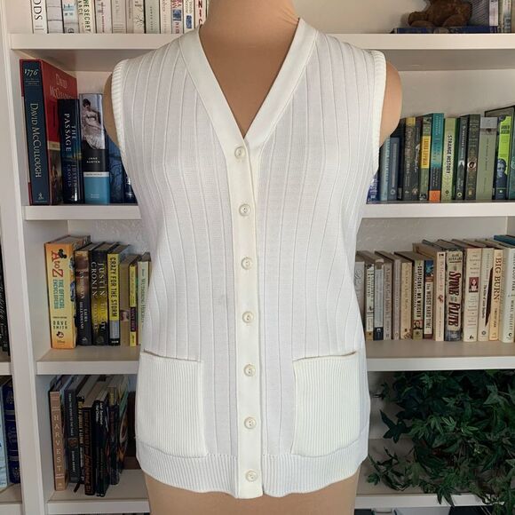 Vintage 70s Cardigan Sweater Vest Oatmeal Sleeveless Knit Vneck Button Front - Picture 3 of 9